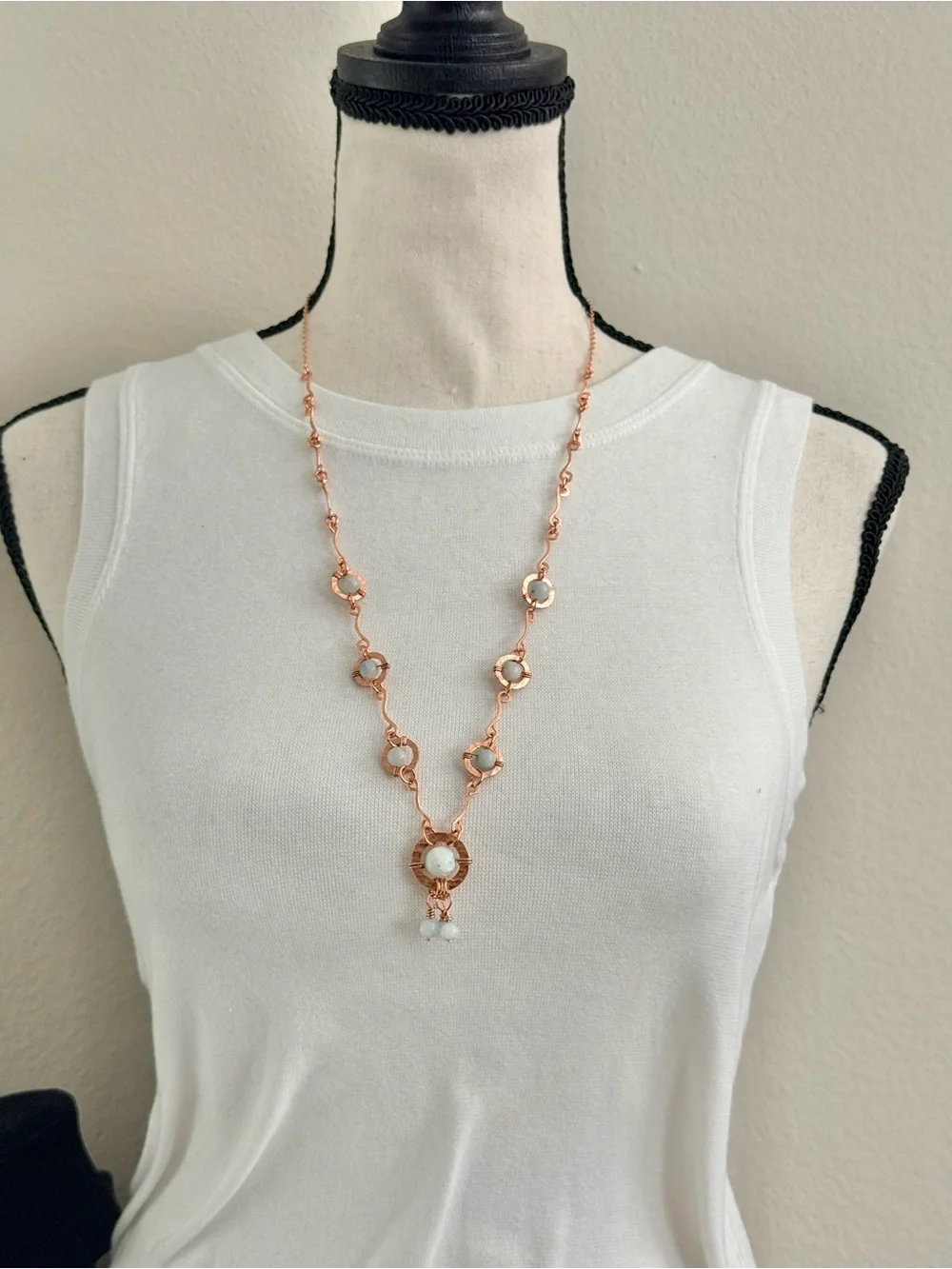 Artisan Aquamarine Beads Station Necklace with Hammered Copper Elements